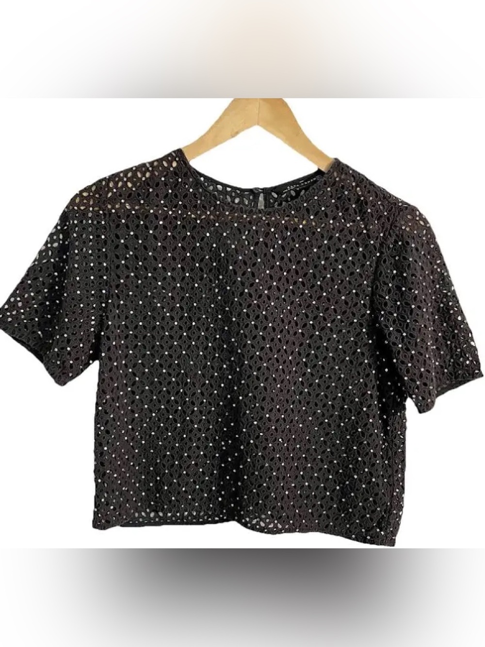 Zara Black Eyelet Lace rhinestone Short Sleeve Top